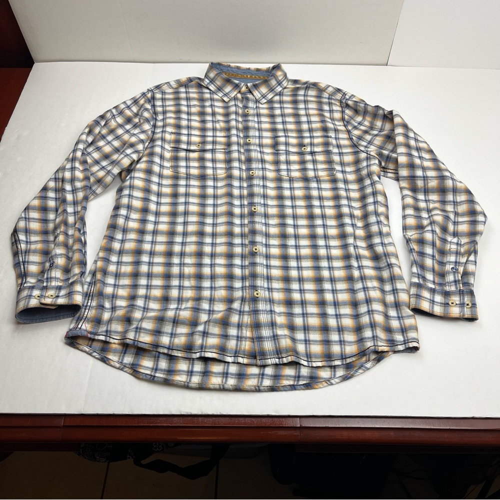32 Bar Blues Mens Blue Yellow‎ Black White Plaid Long Sleeve Shirt Large *FLAWED